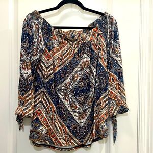Daniel Rainn Boho Paisley 3/4 Sleeve Tie Detail Blouse Navy Orange Off‎ Shoulder